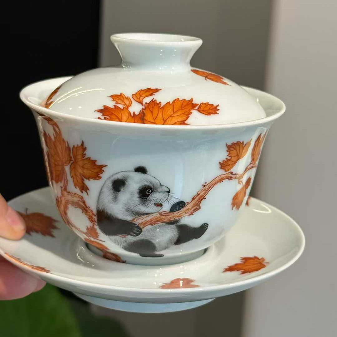 Hand-Painted Panda Porcelain Gaiwan Tea Set