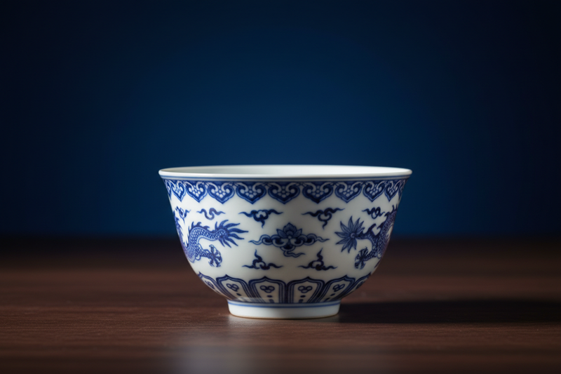 A refined Chinese porcelain tea cup crafted in classic blue-and-white ceramic, decorated with traditional delicate Chinese patterns inspired by Ming-dynasty motifs. The cup sits gracefully at the center of the composition, its glossy surface catching soft highlights. The background is a deep, dark blue—rich and elegant—creating strong contrast and a sense of calm luxury. Subtle shadows and gentle lighting enhance the porcelain's texture, giving the image a timeless, serene, and premium atmosphere.