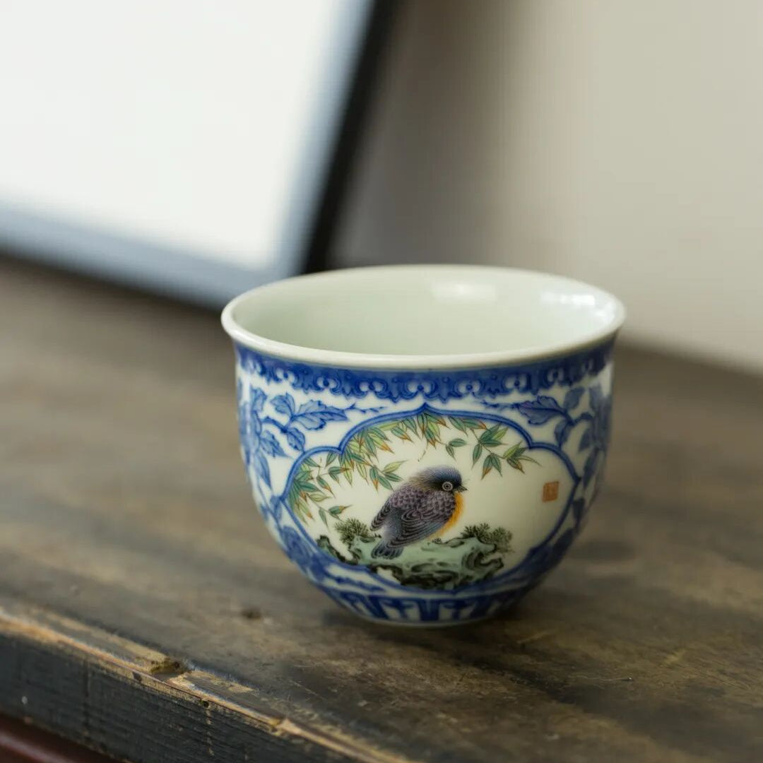 Blue & White Porcelain Tea Cup with Bird Motif