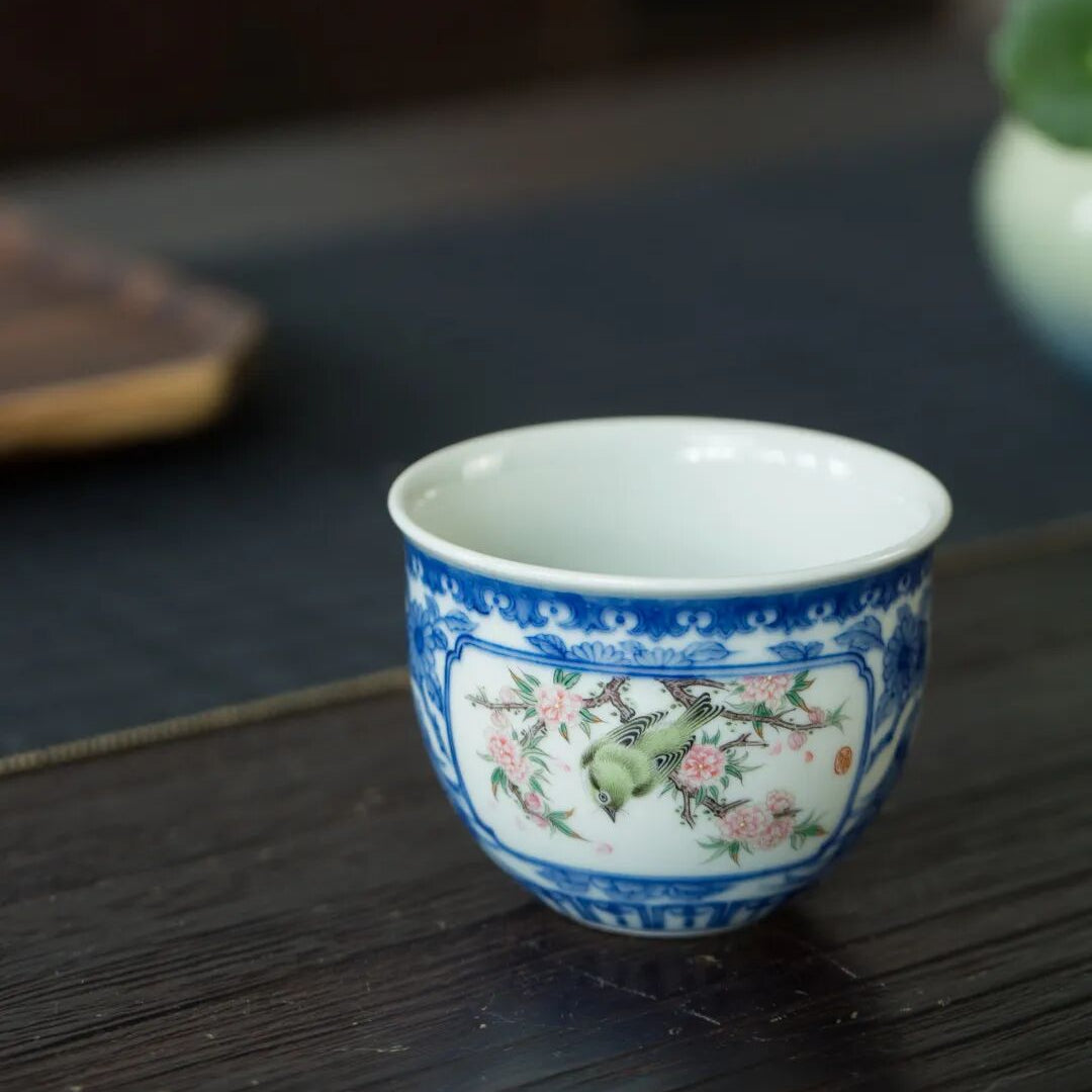 Blue & White Porcelain Tea Cup with Bird Motif
