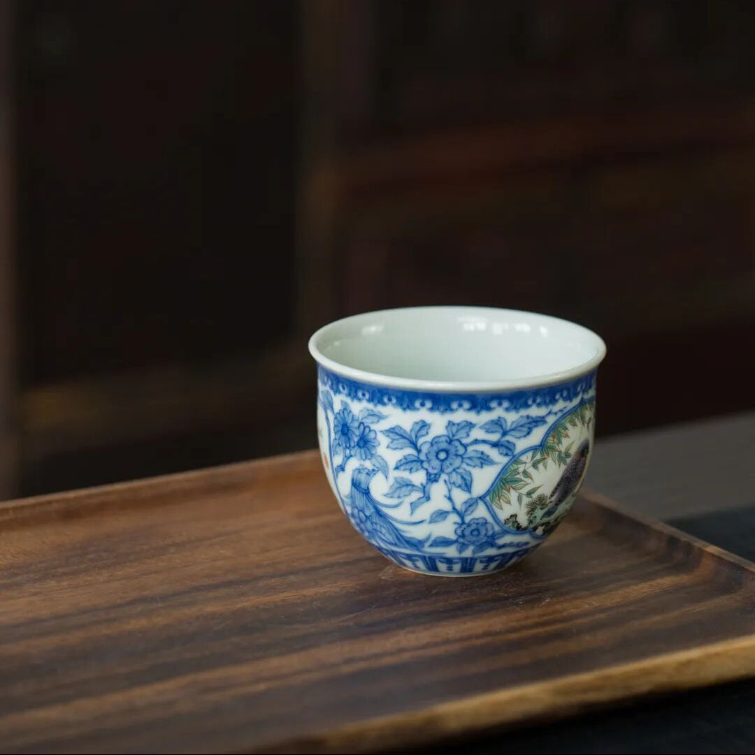 Blue & White Porcelain Tea Cup with Bird Motif