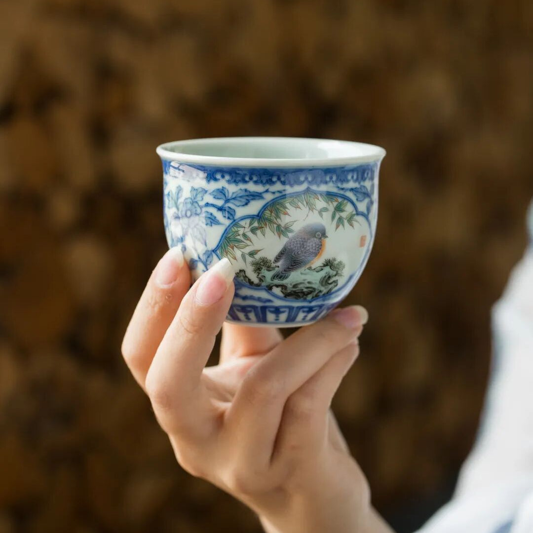 Blue & White Porcelain Tea Cup with Bird Motif