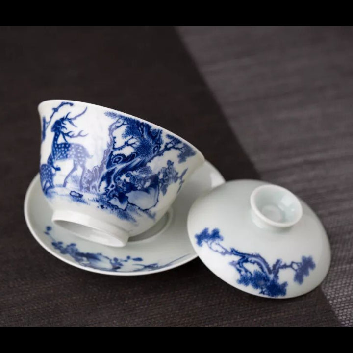 Blue & White Porcelain Gaiwan Tea Set with Deer Motif