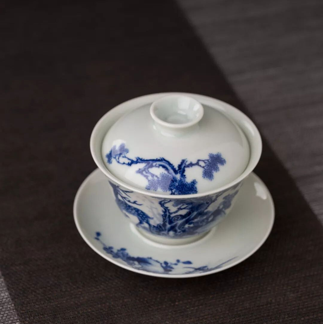 Blue & White Porcelain Gaiwan Tea Set with Deer Motif