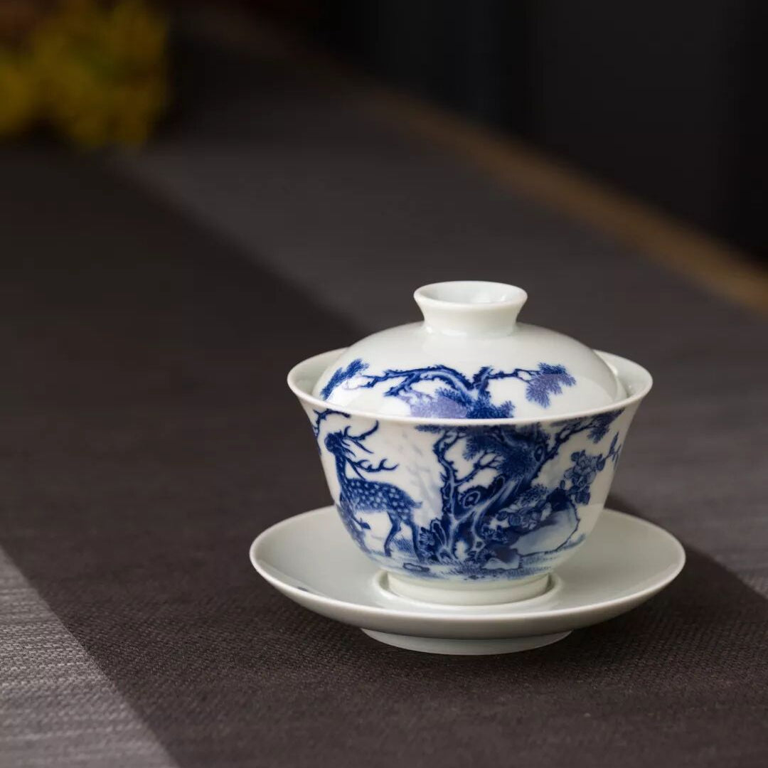 Blue & White Porcelain Gaiwan Tea Set with Deer Motif